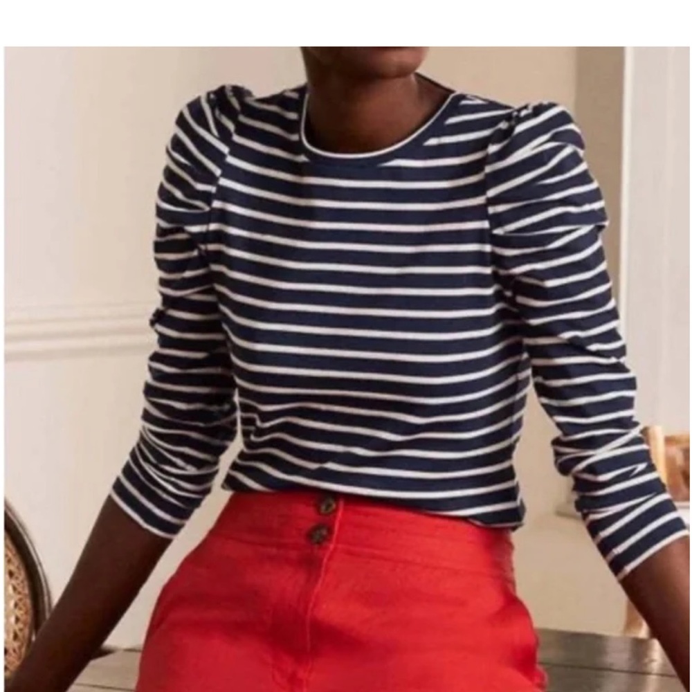 Boden Pleat Sleeve Stripe Top Navy Blue and White 20/22